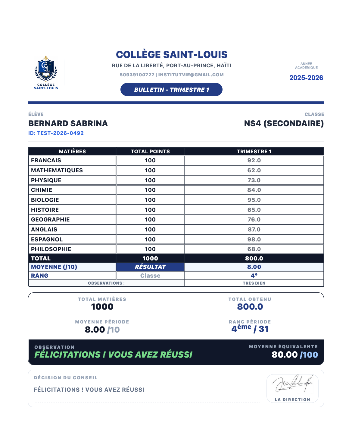 Exemple de bulletin officiel ixiskool avec logo, notes, moyenne, rang et signature