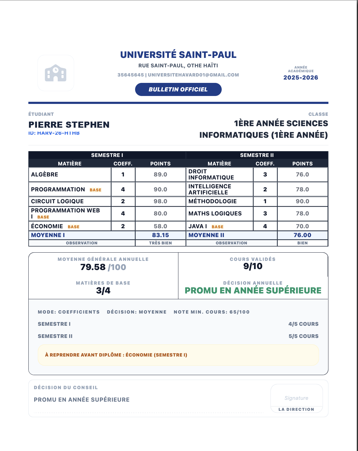 Bulletin universitaire ixiskool avec deux semestres, coefficients, moyenne générale et décision annuelle