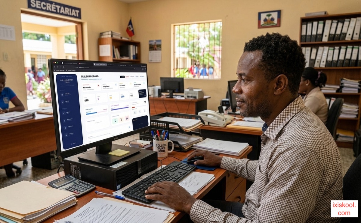 Direction utilisant le dashboard ixiskool dans un bureau d'école
