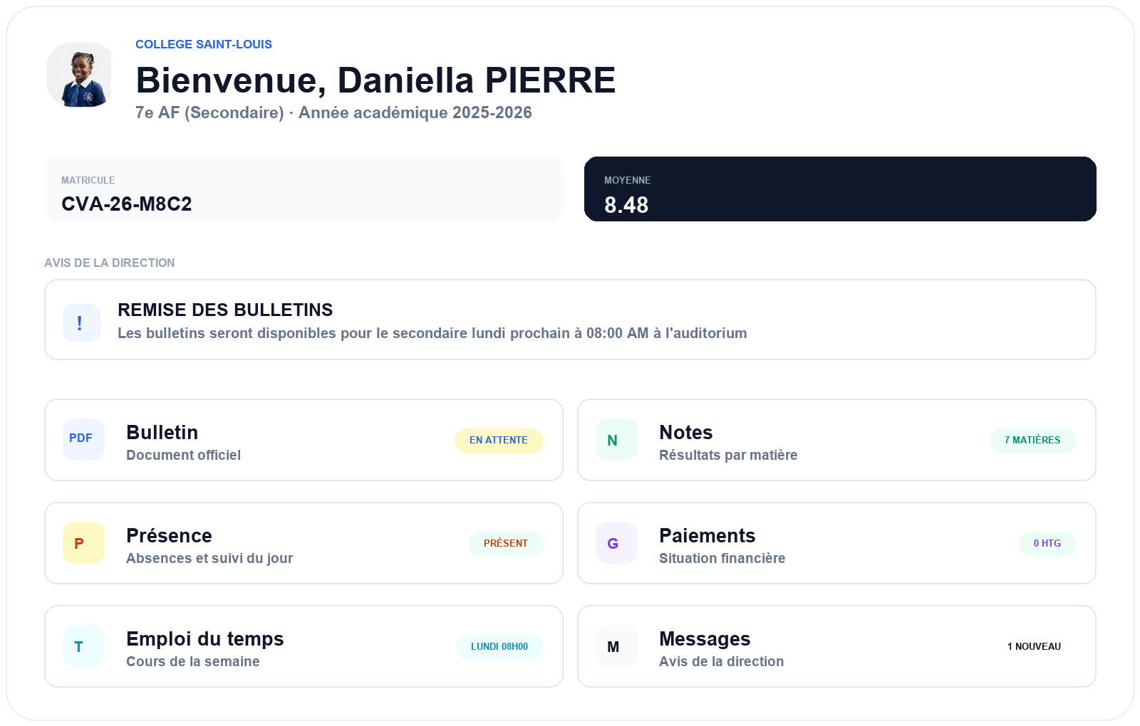 Portail parent ixiskool avec bulletin, notes, présence, paiements et messages